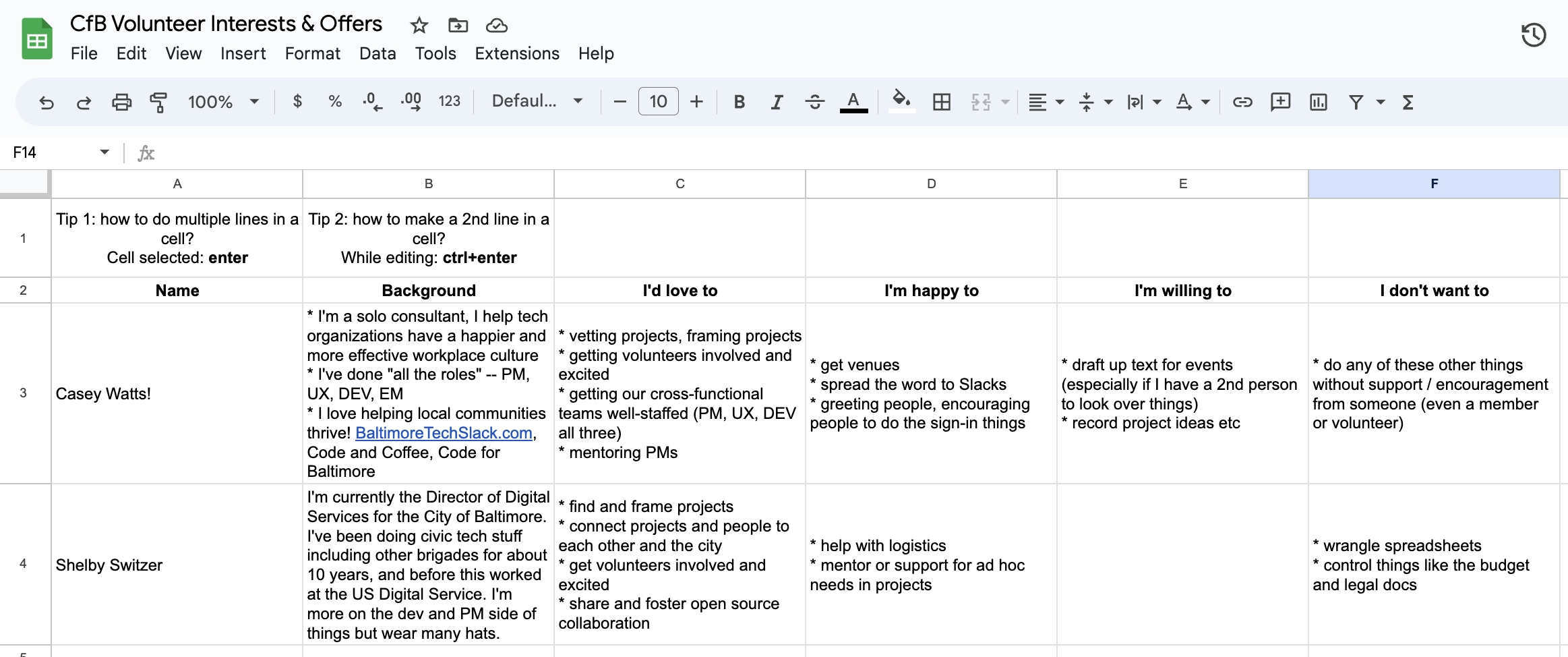 Volunteer interests spreadsheet for Code for Baltimore. Rows are names, columns are love/happy/willing/unwilling. Cells contain details of ways each person would like to help (or not).